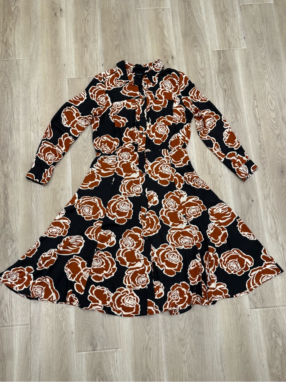 Who What Wear Floral Shirt Dress Size L Black Rust Rose Long Sleeve Midi